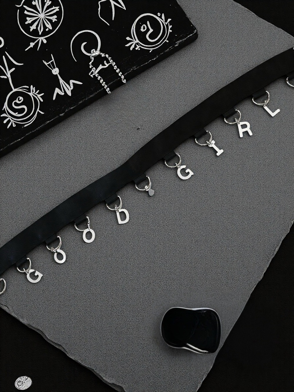 Black Satin “GOOD GIRL” Letter Charm Choker Necklace - Adjustable 13”-16”